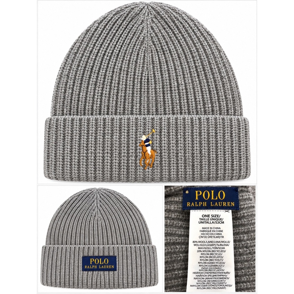 Polo Ralph Lauren Gray Ribbed Wool Blend Beanie Hat Pony Logo One Size